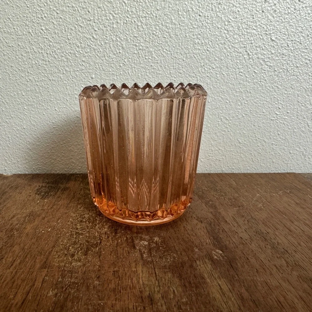 Vintage Clear Pink Ribbed Tea Light Candle Holder Q-Tip Holder Vanity‎ Organizer